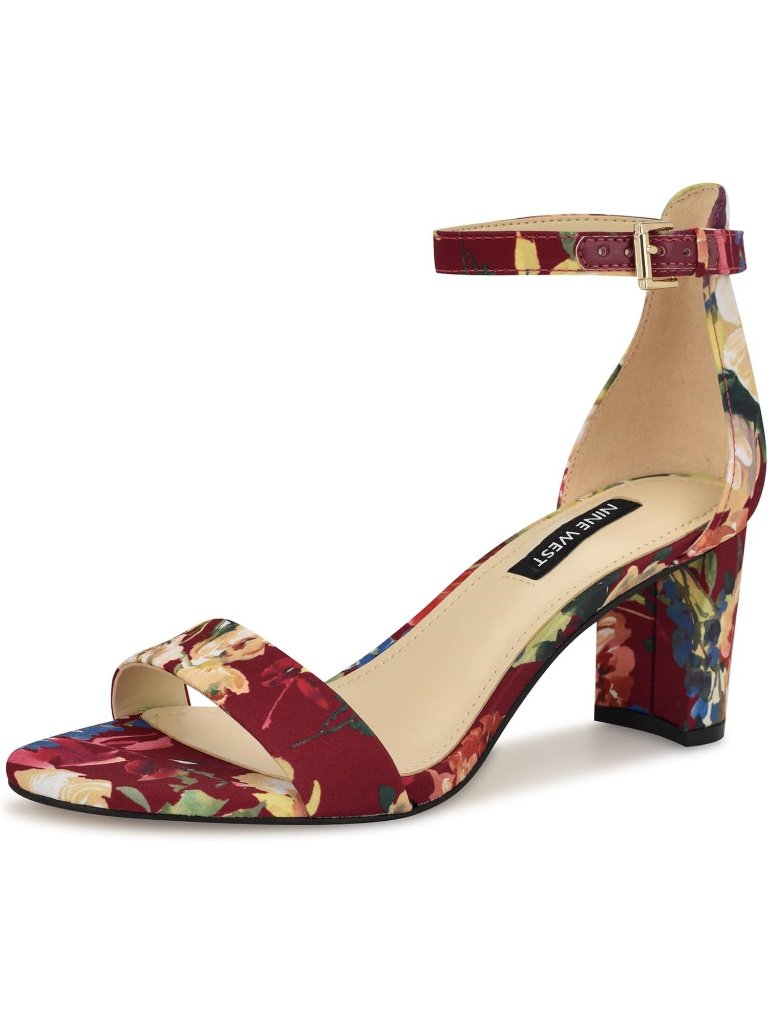 Women's Dark Red Fall Floral Round Toe Ankle Strap Wnpruce Heeled Sandal Shoes